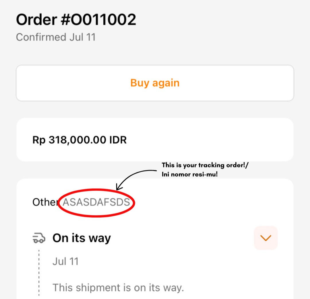 Order confirmation screen with tracking information and a red circle around text